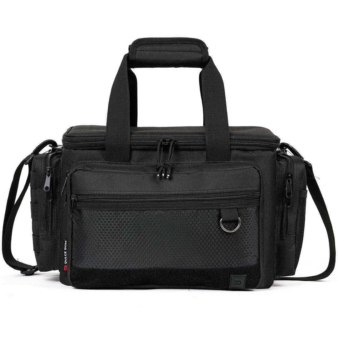 Durable tactical Gun Range Bag with multiple compartments and MOLLE webbing.