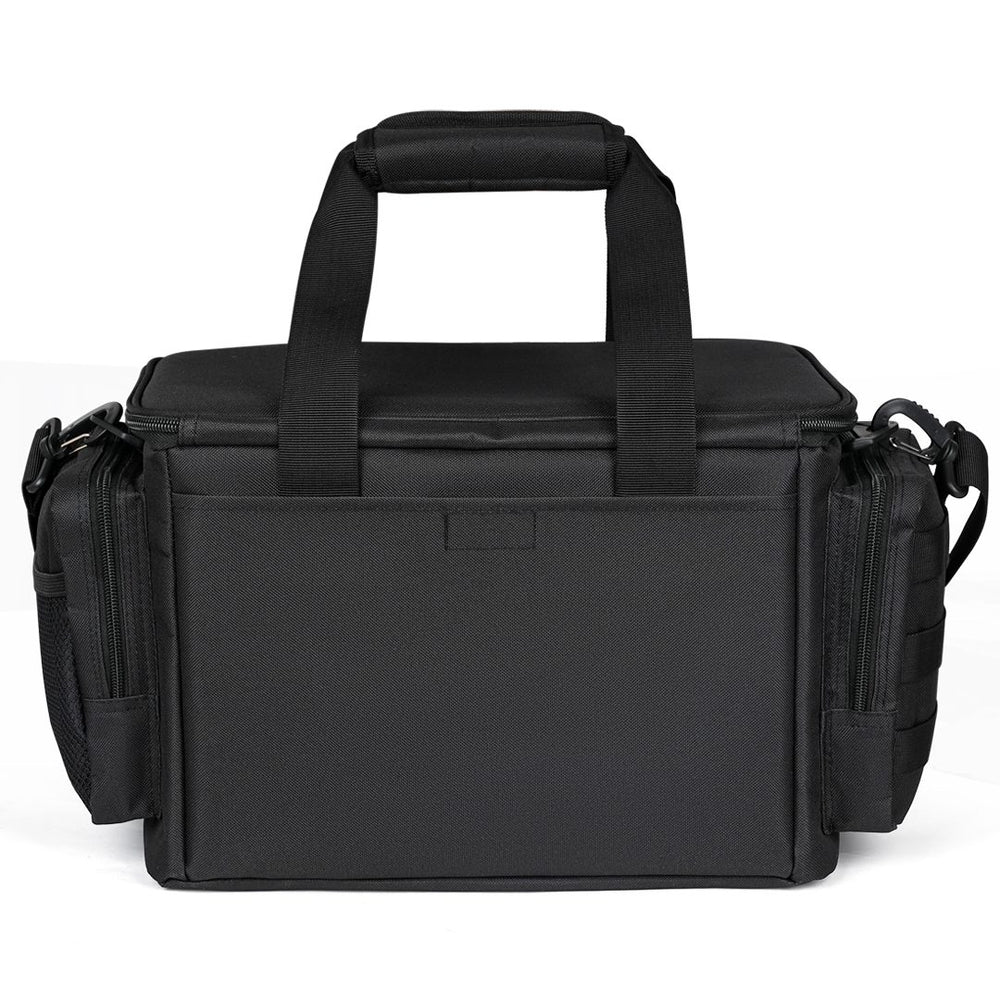 Black tactical Gun Range Bag with adjustable straps and side storage compartments.