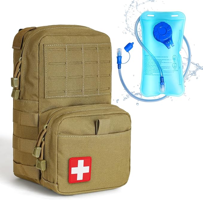 Khaki tactical hydration backpack with 1.5L water bladder and first aid patch