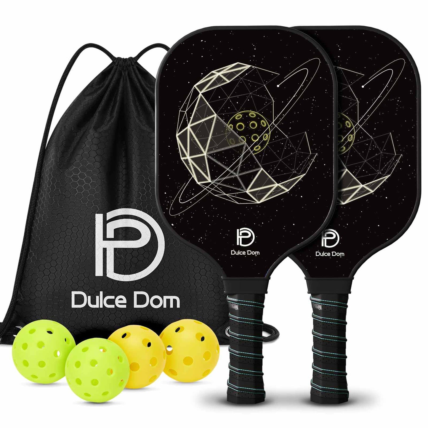 
                  
                    DULCE DOM pickleball paddle set with two paddles, four yellow balls, and a black bag.
                  
                