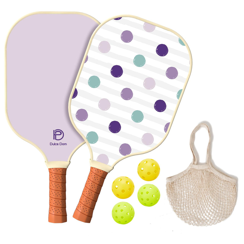 
                  
                    DULCE DOM pickleball set with two paddles, four yellow balls, and a mesh carrying bag.
                  
                