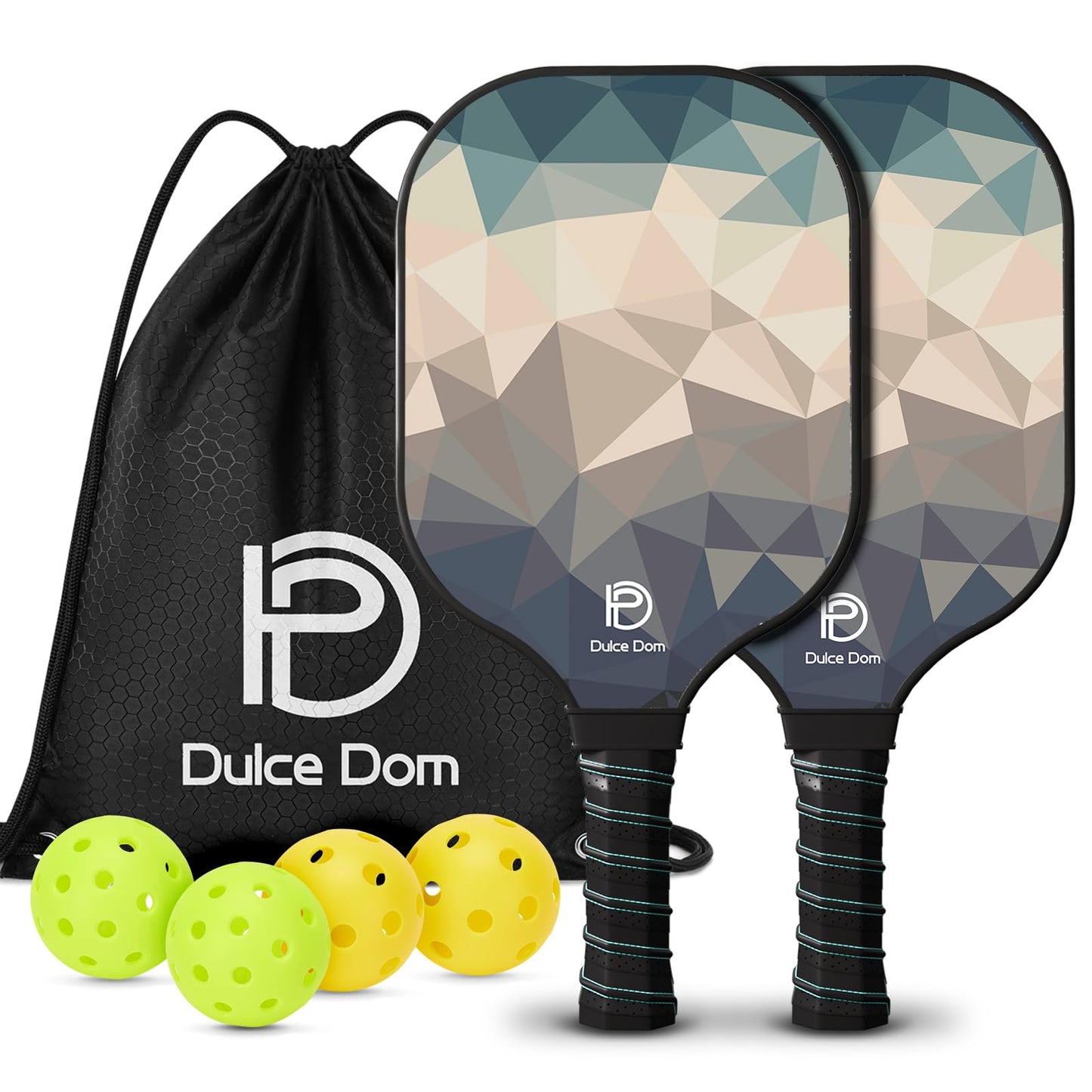 
                  
                    DULCE DOM pickleball set with 2 paddles, 4 yellow balls, and a black carrying bag.
                  
                