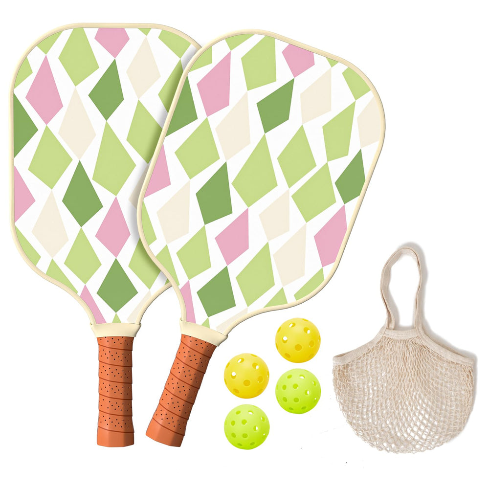 
                  
                    DULCE DOM pickleball paddle set with two paddles, four green balls, and a bag.
                  
                