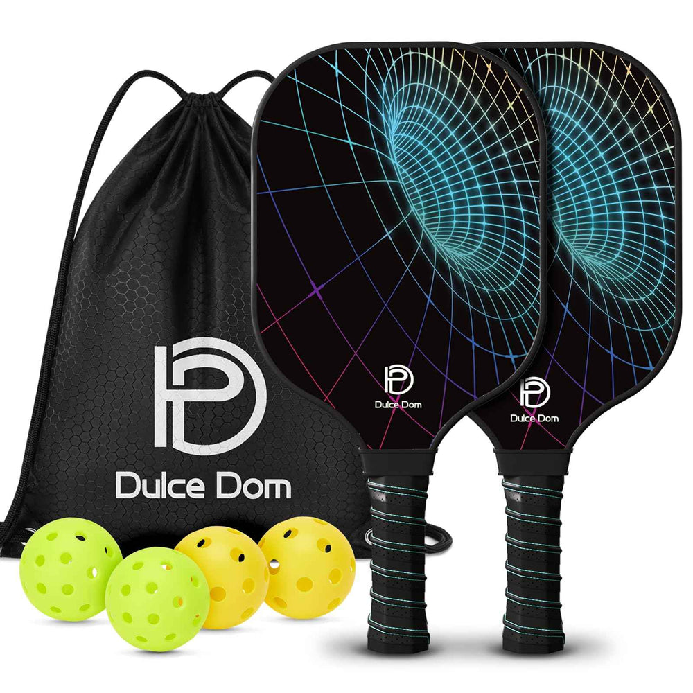 
                  
                    DULCE DOM pickleball paddle set with two paddles, four balls, and a carrying bag
                  
                