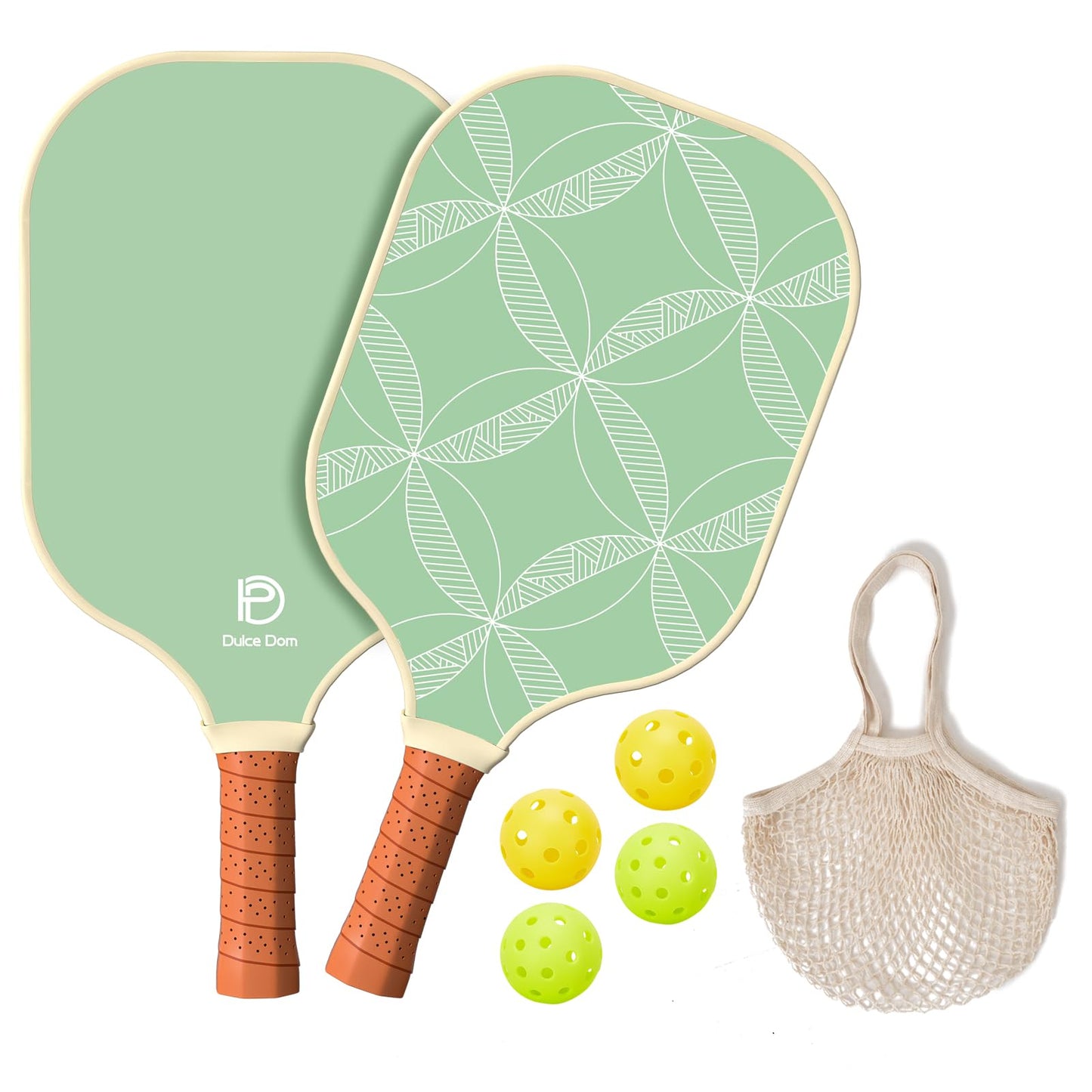 
                  
                    DULCE DOM pickleball set with green paddles, 4 yellow balls, and mesh bag.
                  
                