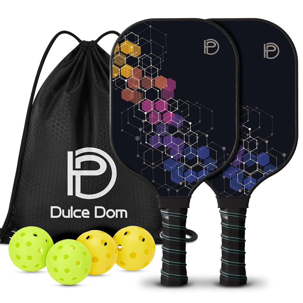 
                  
                    DULCE DOM USAPA-approved pickleball set with vibrant paddles, 4 yellow balls, and bag.
                  
                