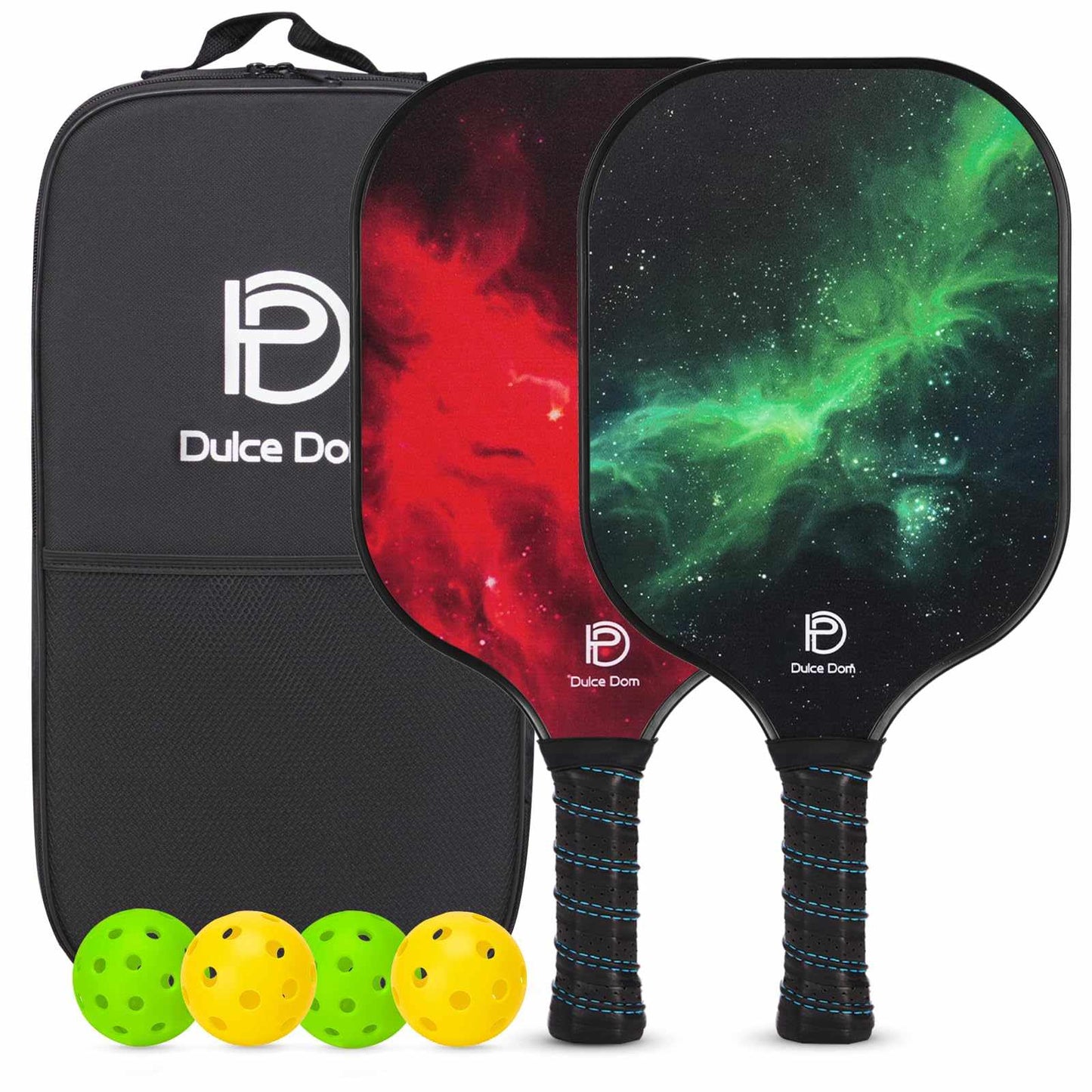 
                  
                    DULCE DOM pickleball set with galaxy-designed paddles, 4 yellow balls, and a carrying bag.
                  
                