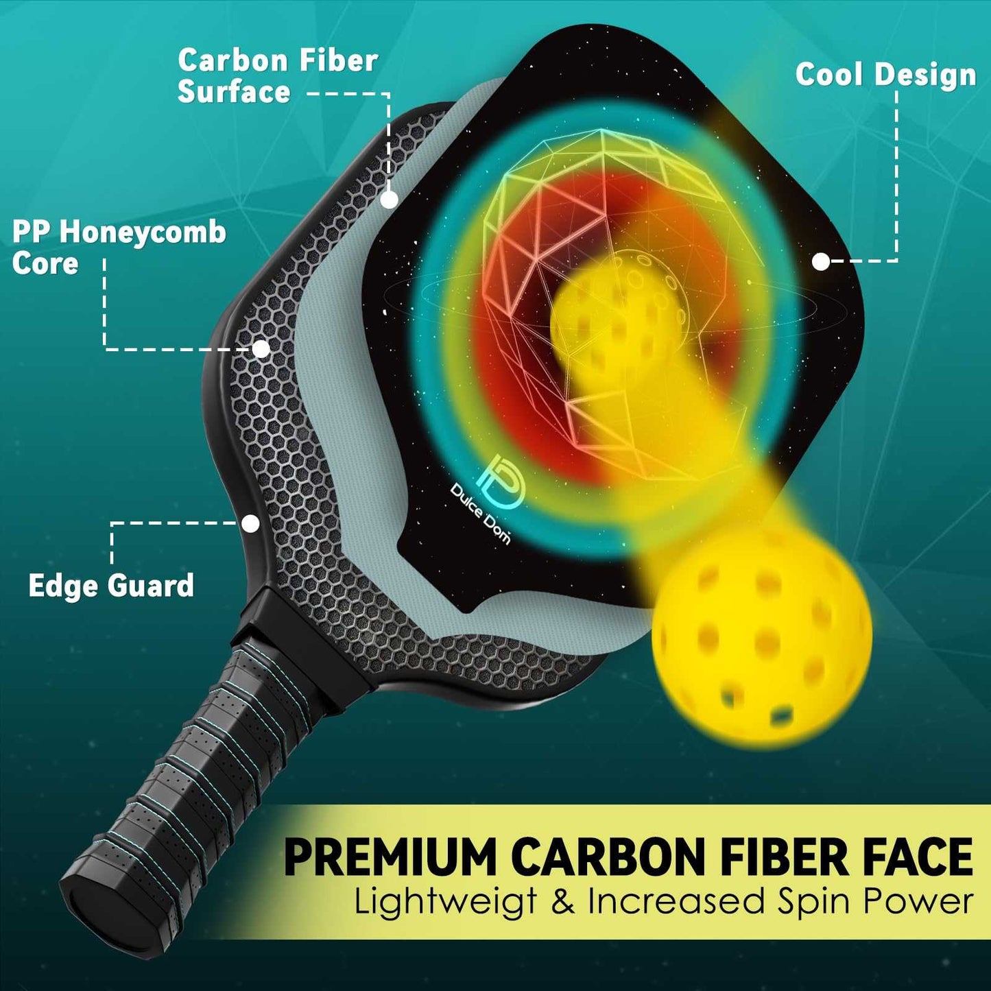 
                  
                    DULCE DOM pickleball paddle features carbon fiber face for increased spin and lightweight play.
                  
                