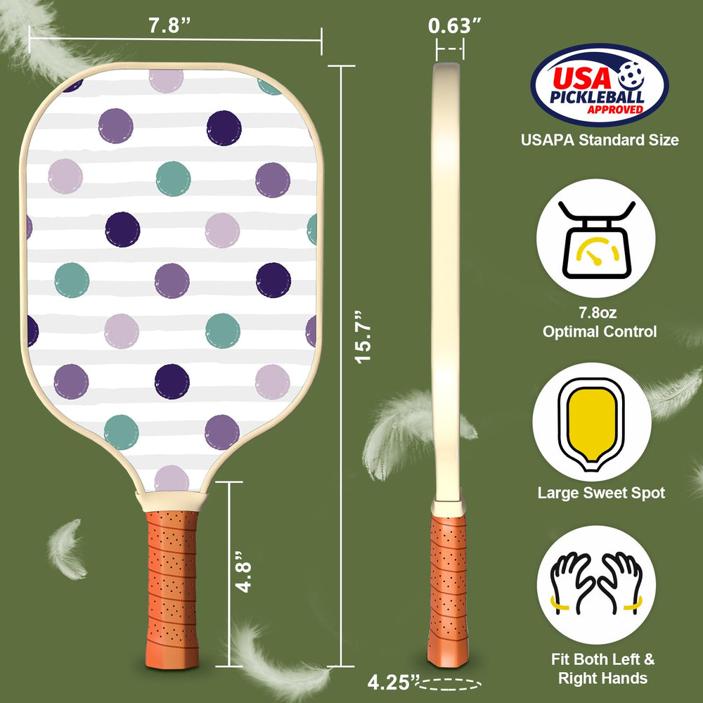 
                  
                    DULCE DOM USAPA-approved pickleball paddle dimensions with polka dot design.
                  
                