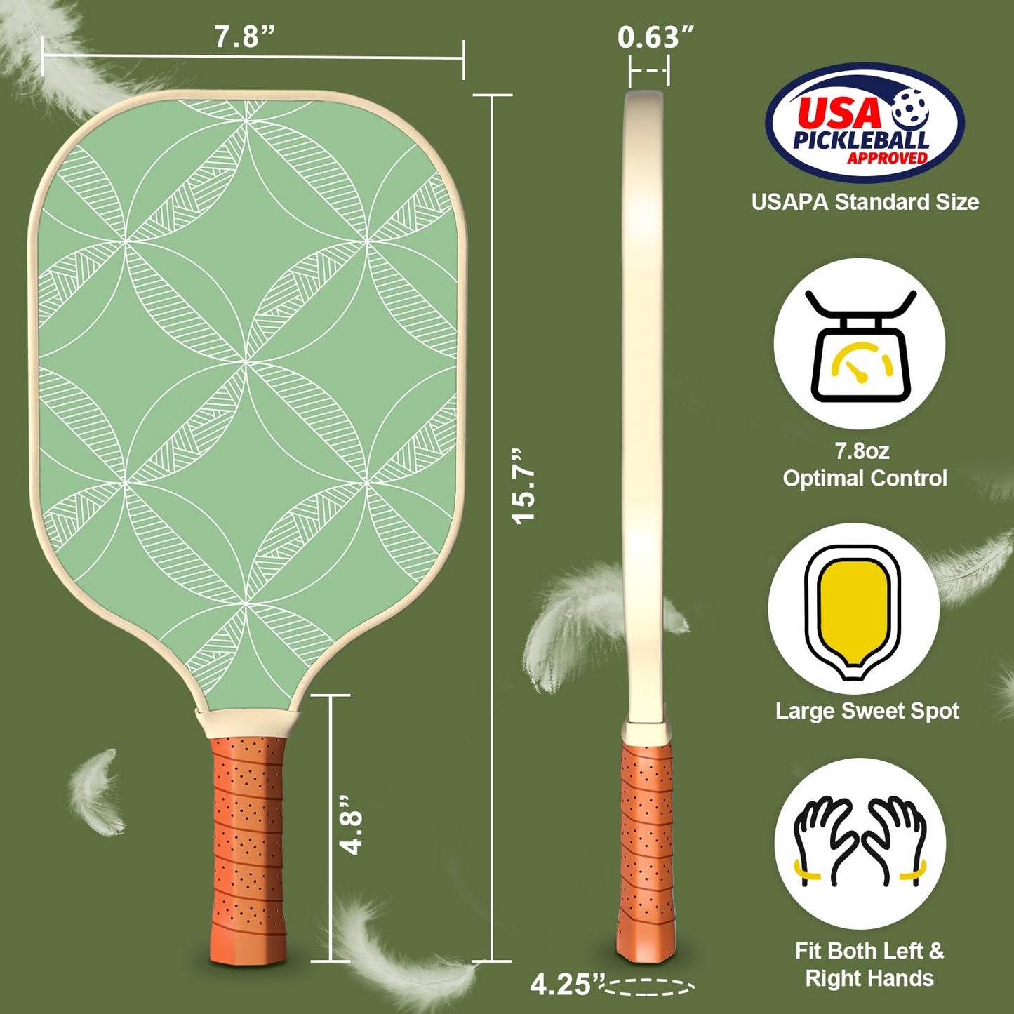 
                  
                    DULCE DOM pickleball paddle dimensions: 7.8" wide, 15.7" long, 7.8oz weight.
                  
                