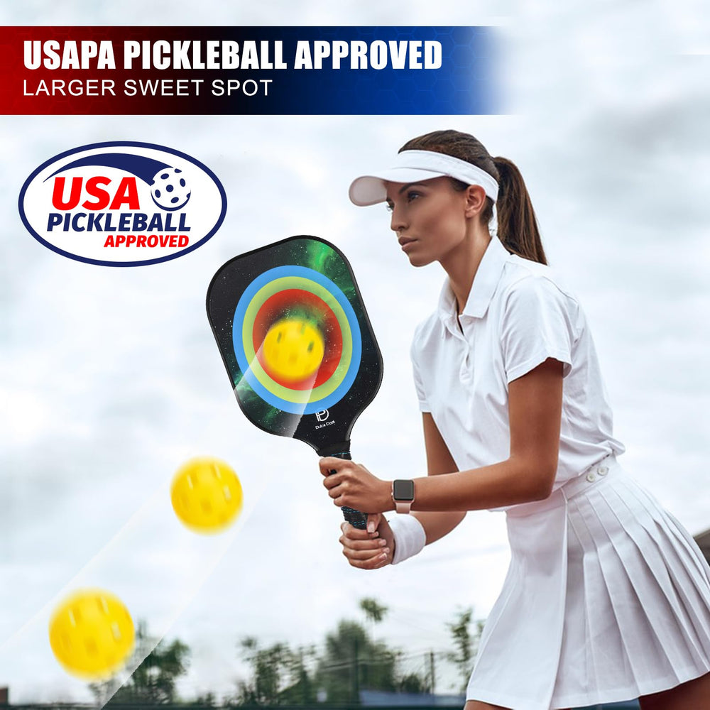 
                  
                    Female player using DULCE DOM paddle with larger sweet spot and USAPA approval.
                  
                