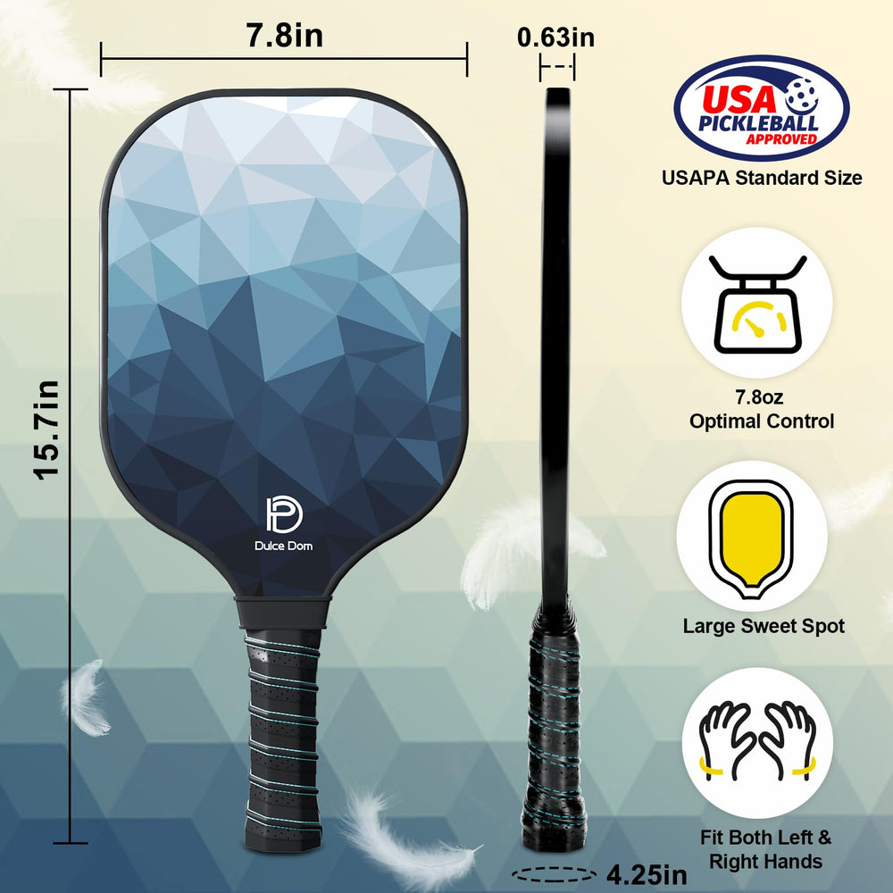 
                  
                    DULCE DOM USAPA-approved pickleball paddle with dimensions and ergonomic grip features.
                  
                