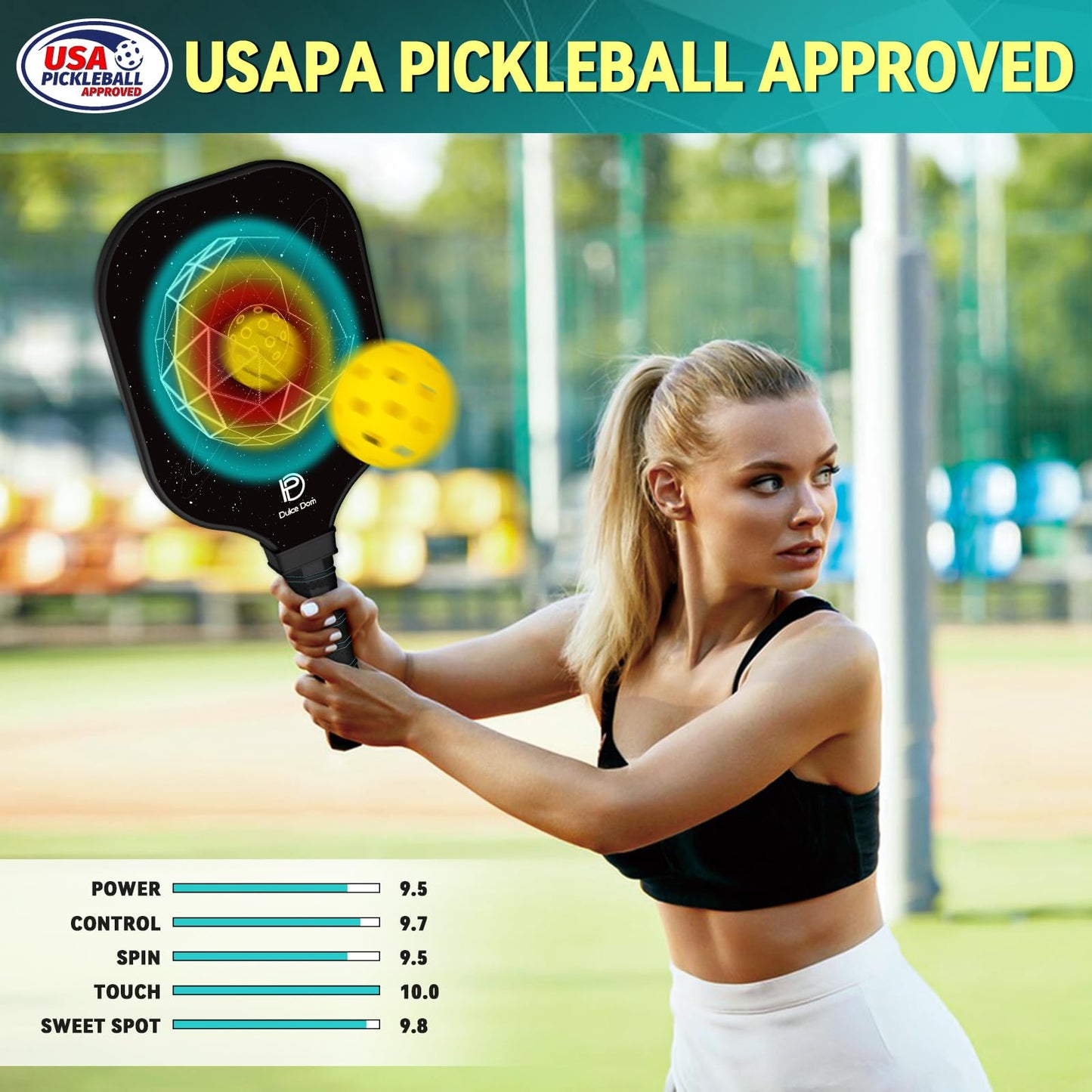 
                  
                    Player using DULCE DOM USAPA-approved pickleball paddle, showcasing power and spin.
                  
                