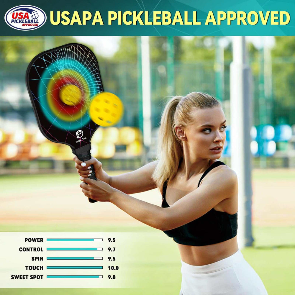 
                  
                    Female player using DULCE DOM USAPA-approved paddle for control, spin, and power.
                  
                