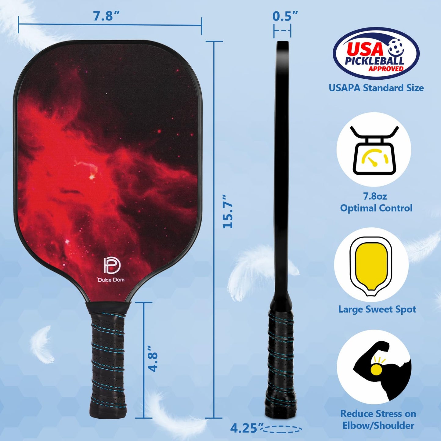 
                  
                    DULCE DOM pickleball paddle dimensions and features diagram.
                  
                