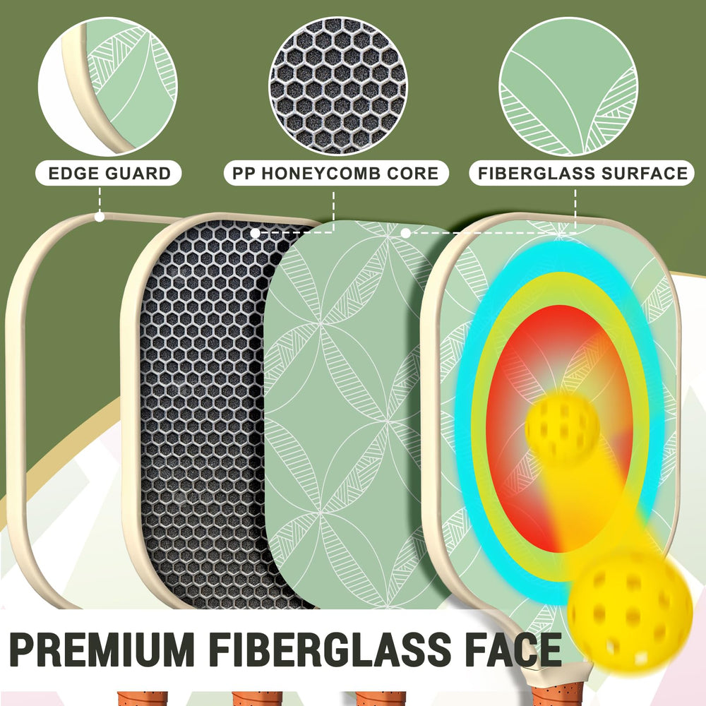 
                  
                    DULCE DOM pickleball paddle features: edge guard, honeycomb core, and fiberglass construction.
                  
                