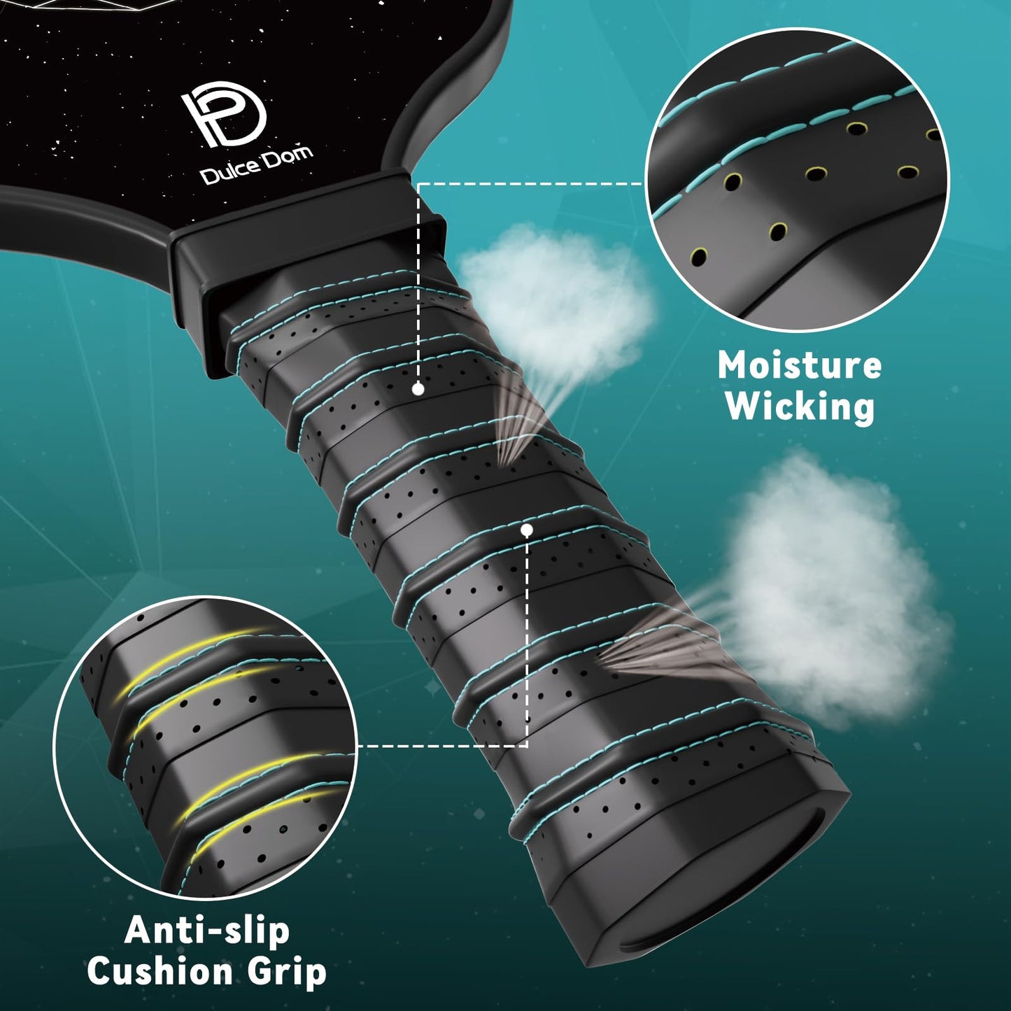 
                  
                    DULCE DOM pickleball paddle grip features moisture-wicking and anti-slip design.
                  
                