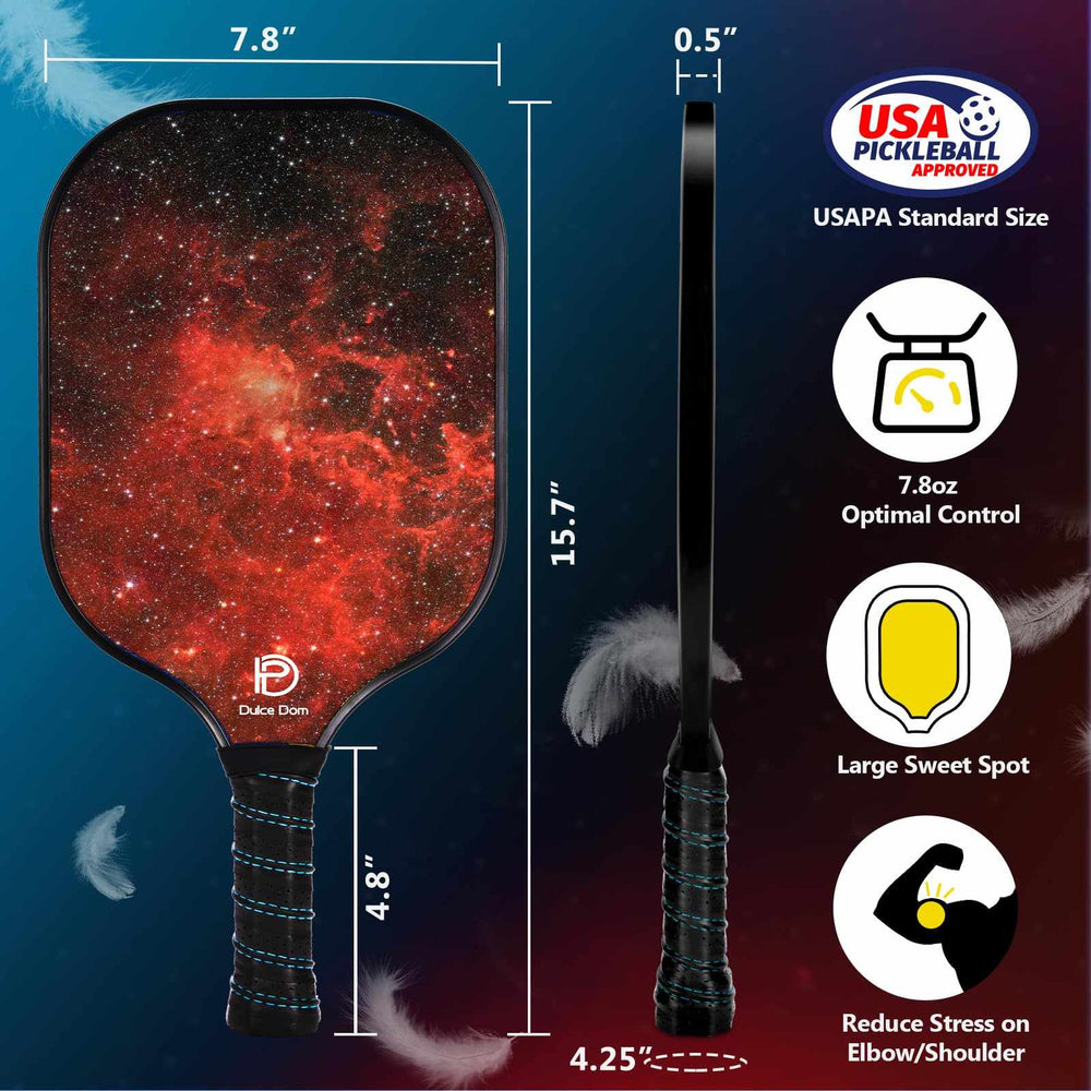 
                  
                    DULCE DOM pickleball paddle dimensions and features with galaxy design and USAPA approval.
                  
                