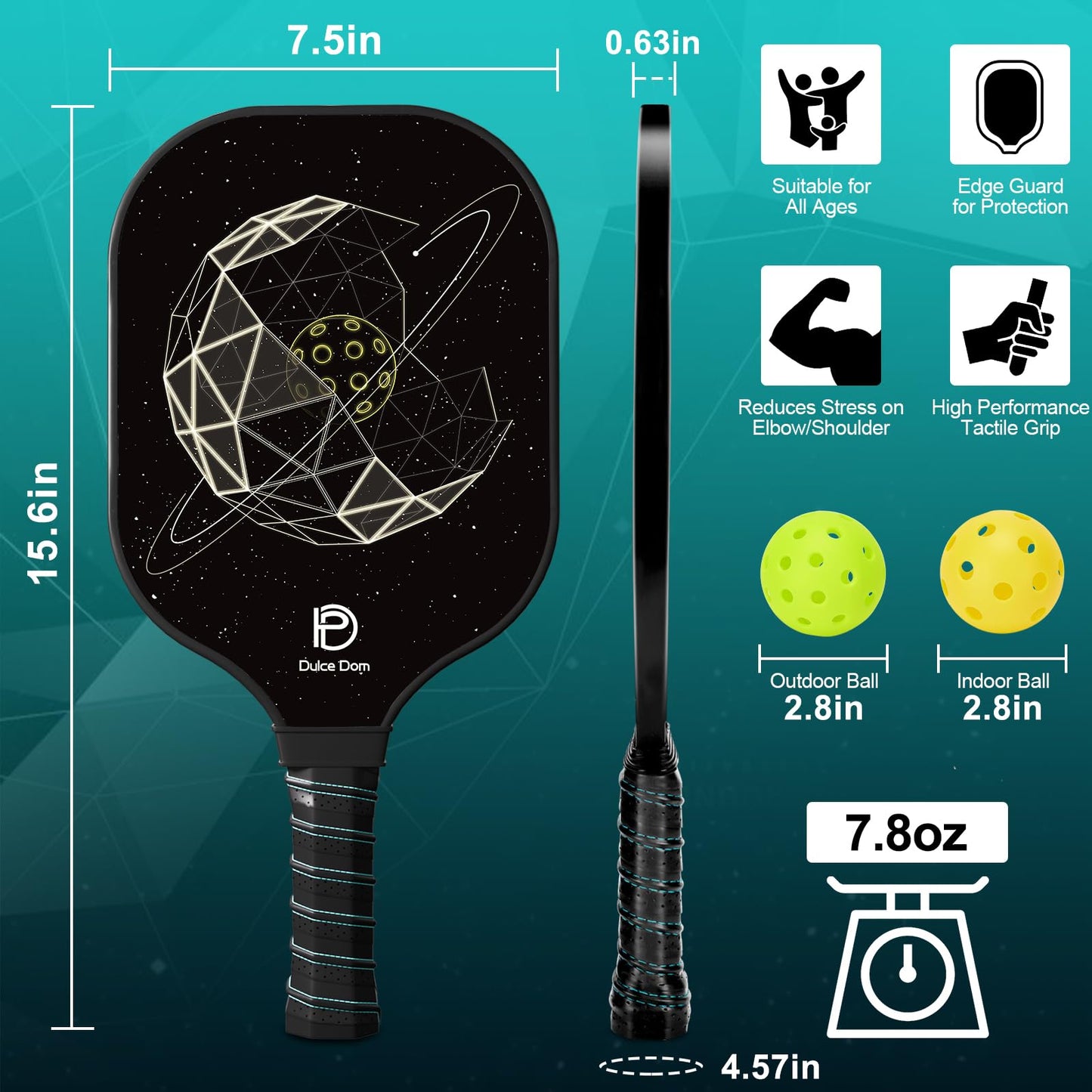 
                  
                    DULCE DOM pickleball paddle dimensions and features with galaxy design and edge guard.
                  
                