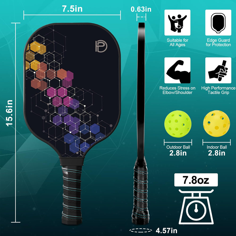 
                  
                    DULCE DOM pickleball paddle dimensions with honeycomb design and lightweight specifications.
                  
                