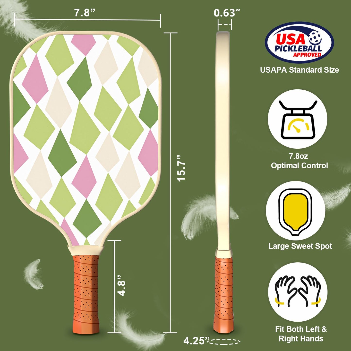 
                  
                    DULCE DOM USAPA-approved pickleball paddle dimensions and features diagram.
                  
                