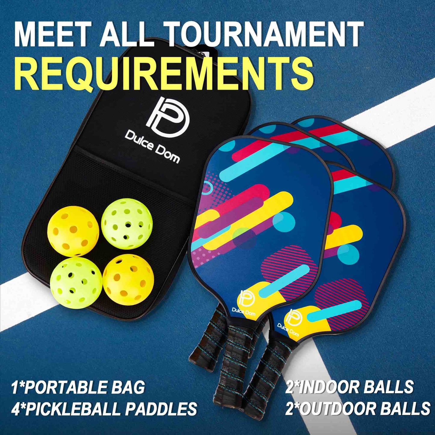 
                  
                    DULCE DOM USAPA Approved Pickleball Paddle Set (4 Paddles, 4 Balls, Bag)
                  
                