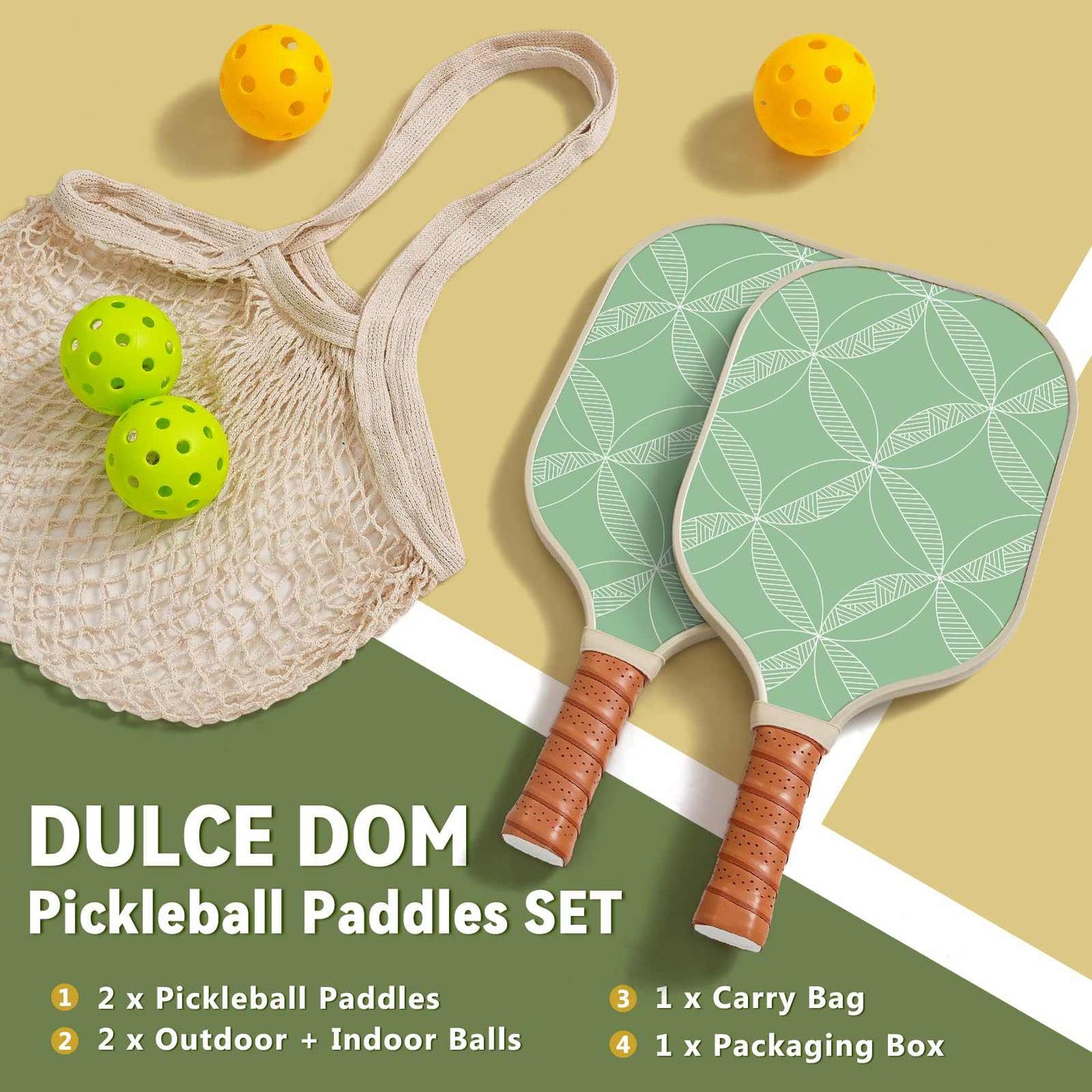 
                  
                    DULCE DOM pickleball paddle set with 2 green paddles, 2 balls, and carrying bag.
                  
                