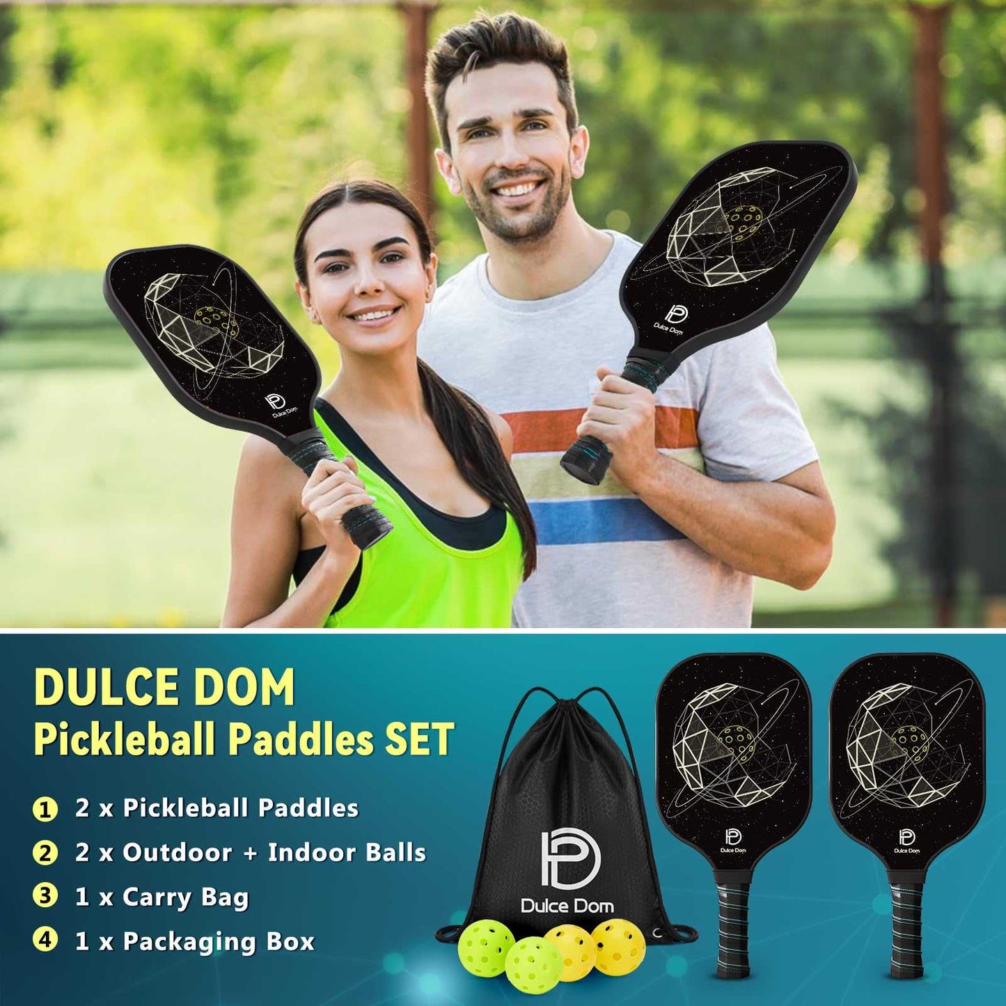 
                  
                    DULCE DOM pickleball set with 2 paddles, 4 balls, and carrying bag in outdoor setting.
                  
                