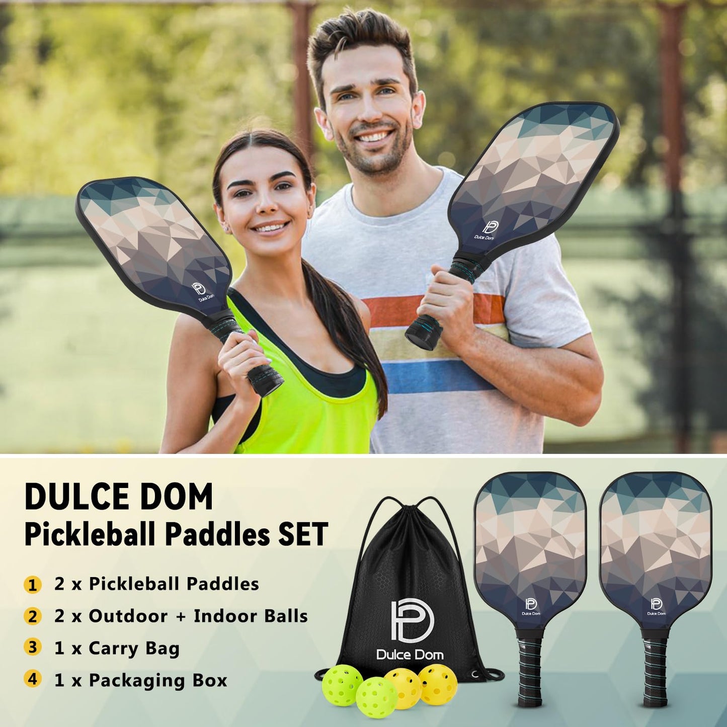 
                  
                    DULCE DOM USAPA Approved Pickleball Paddle Set (2 Paddles, 4 Balls, Bag)
                  
                