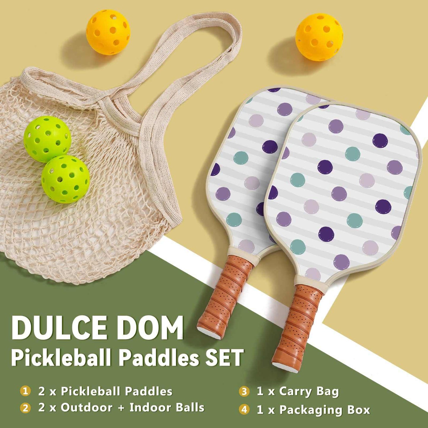 
                  
                    DULCE DOM pickleball paddle set with 2 paddles, 2 yellow balls, and carrying bag.
                  
                