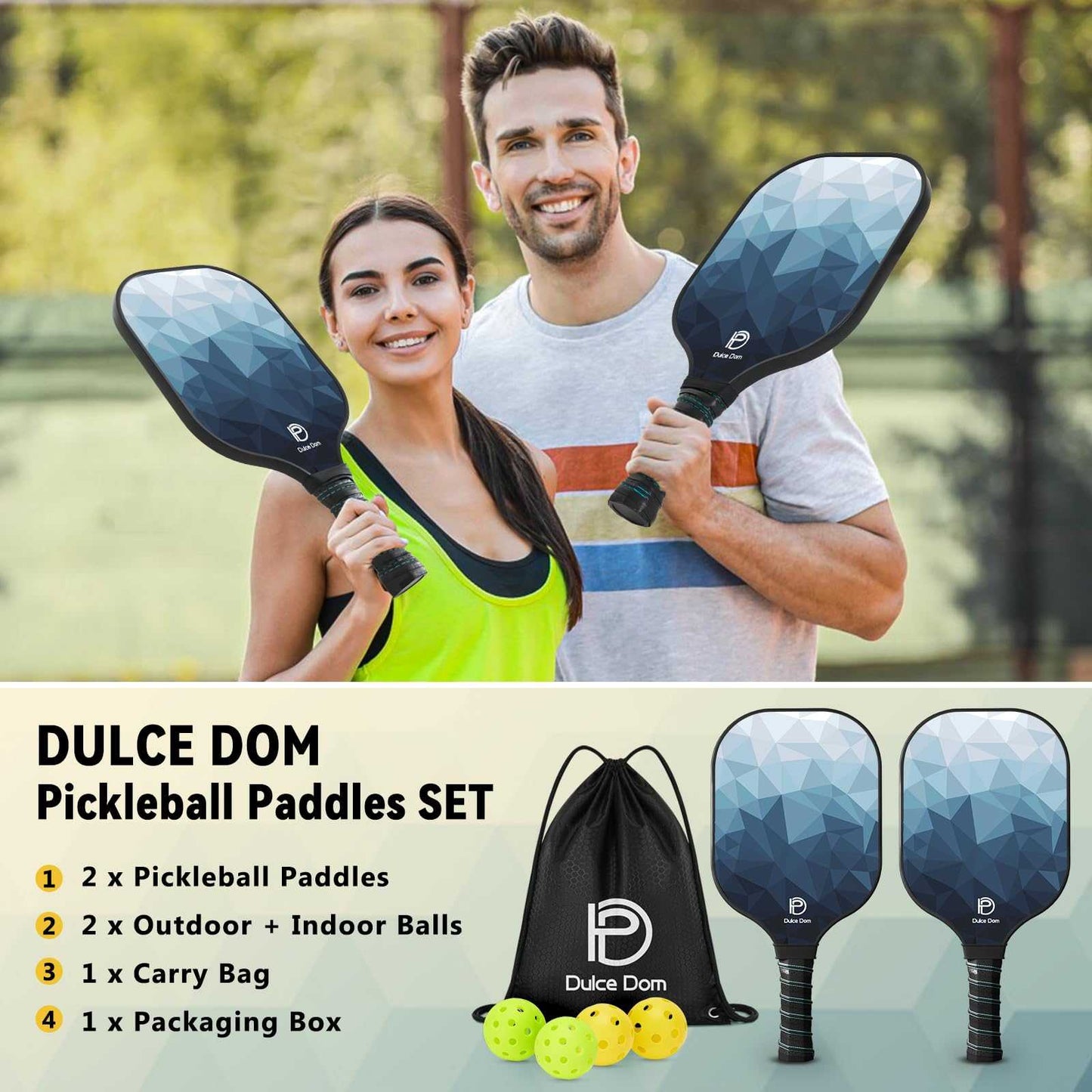 
                  
                    DULCE DOM USAPA Approved Pickleball Paddle Set (2 Paddles, 4 Balls, Bag)
                  
                