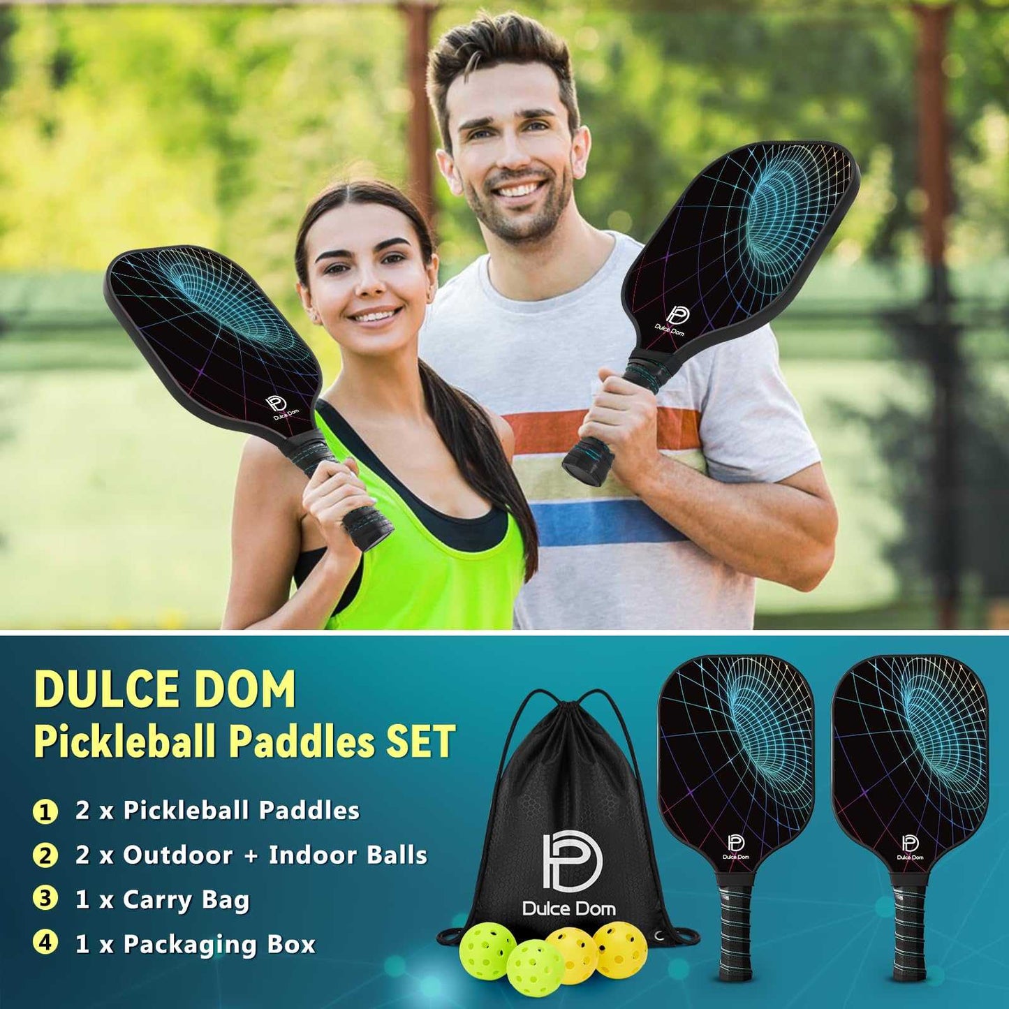 
                  
                    DULCE DOM USAPA Approved Pickleball Paddle Set (2 Paddles, 4 Balls, Bag)
                  
                