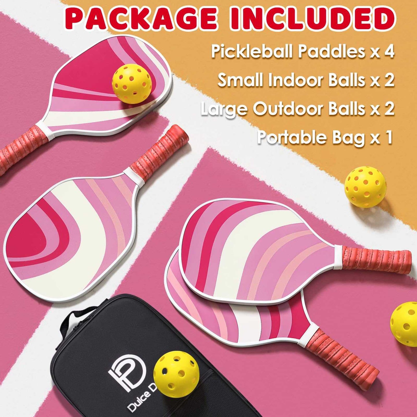 
                  
                    DULCE DOM USAPA Approved Pickleball Paddle Set (4 Paddles, 4 Balls, Bag)
                  
                