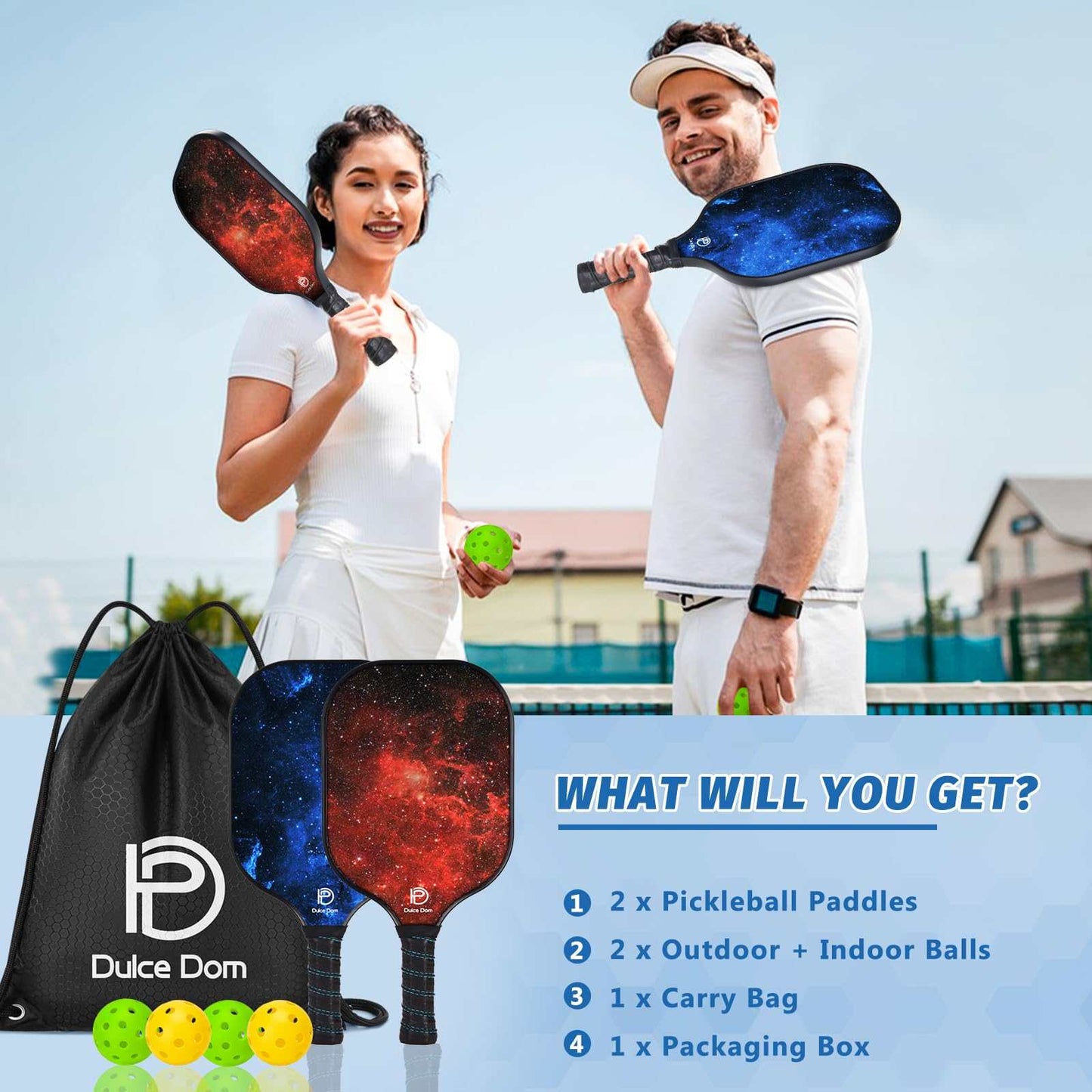 
                  
                    DULCE DOM pickleball set with vibrant paddles, balls, and carrying bag on a court
                  
                